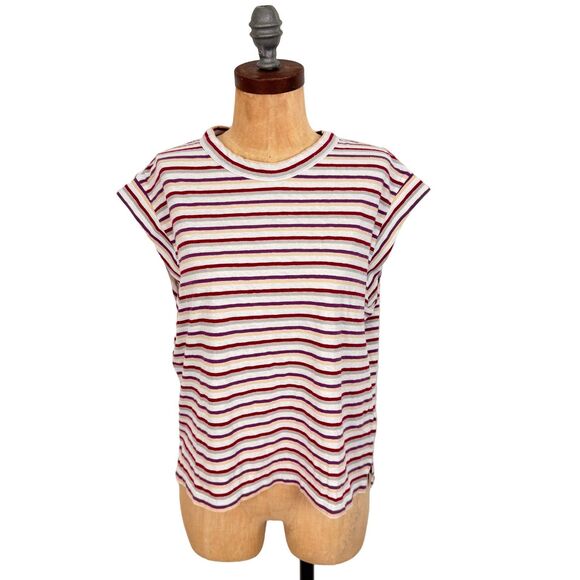 MADEWELL Boxy Muscle Tee in Stripe S White Multicolor Top Linen Blend NWT B71 - Picture 2 of 6